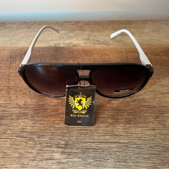 KHAN ELITE COLLECTION NWT Aviator Sunglasses Plastic Frames Black White Classic - Picture 8 of 14